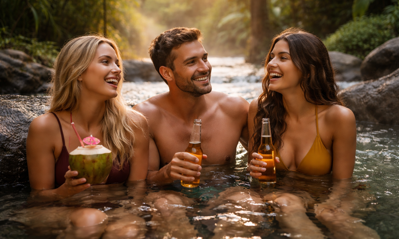 Friends relaxing in a natural hot spring in Costa Rica surrounded by tropical rainforest, representing the relaxed lifestyle.