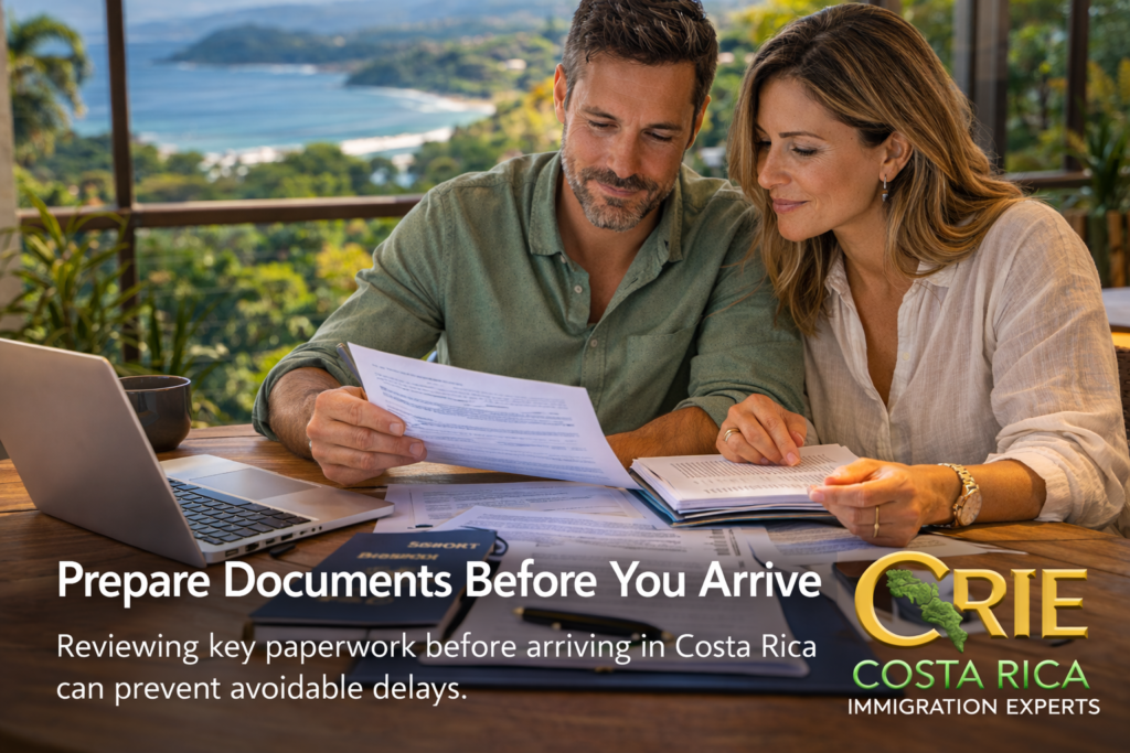 Couple in their early 40s reviewing residency documents at a table with a laptop, with an overlay reminding them to prepare documents before arriving in Costa Rica