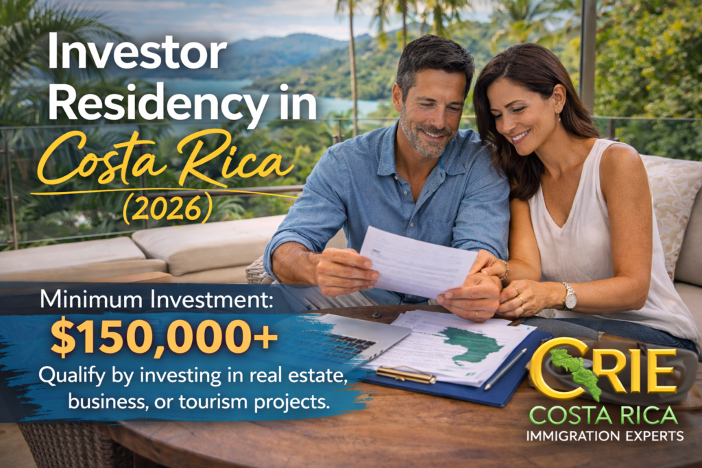 Couple on a modern Costa Rica patio reviewing investor residency documents with an overlay showing the $150,000 minimum qualifying investment