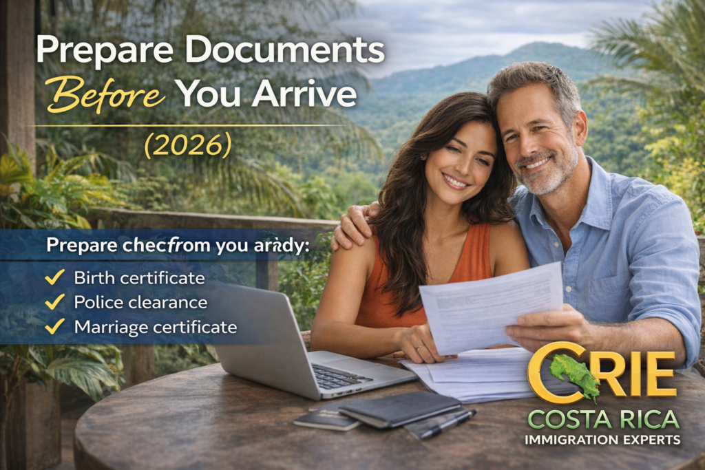 Couple reviewing spousal residency documents at an outdoor table in Costa Rica with a checklist overlay for birth certificate, police clearance, and marriage certificate