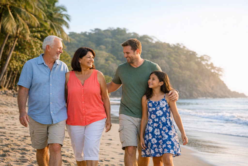 Multigenerational family walking on a Costa Rican beach, representing long-term life planning with permanent residency.