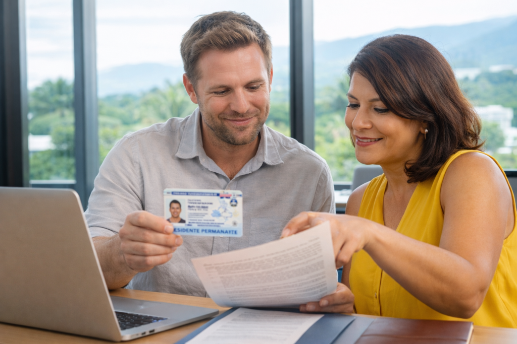 Applicant reviewing a Costa Rica permanent resident DIMEX card with an advisor in a modern office setting.