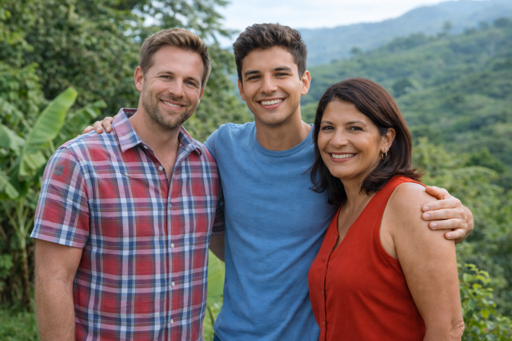 Young adult with parents in a lush Costa Rica setting, representing permanent residency pathways based on qualifying family ties.
