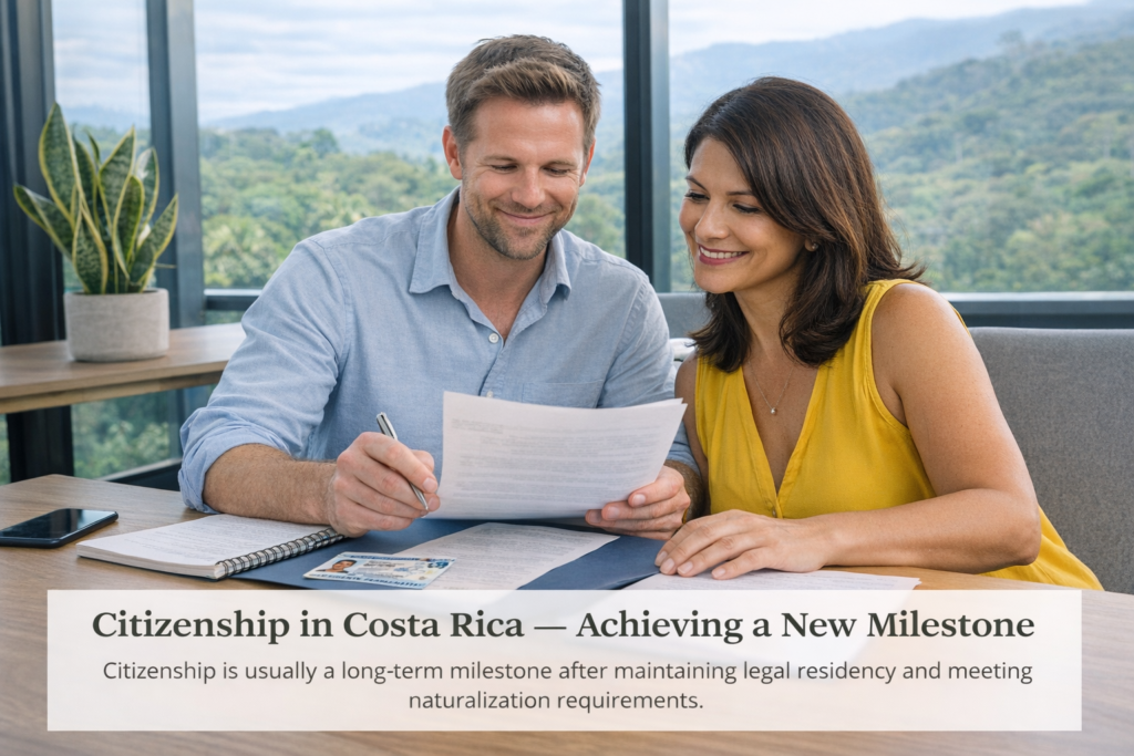 Couple in a modern Costa Rica office reviewing naturalization documents as part of the citizenship process.