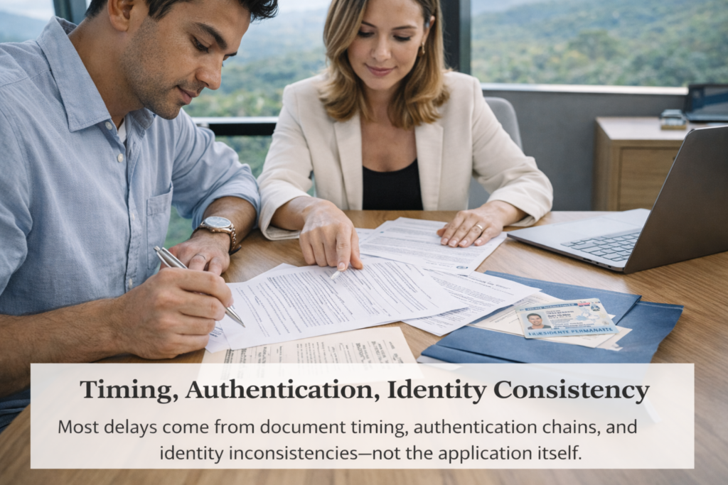 Timing, Authentication, Identity ConsistencyApplicant reviewing Costa Rica citizenship documents with an advisor, highlighting document timing, authentication, and identity consistency.