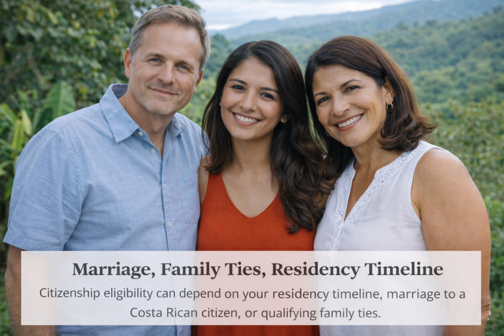 Family of three in a lush Costa Rica setting representing citizenship pathways through marriage, family ties, or residency timeline.