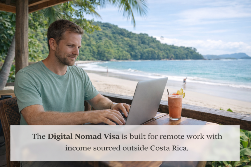 Remote worker on a laptop at a beachside café in Costa Rica, representing the Digital Nomad Visa lifestyle with foreign-sourced