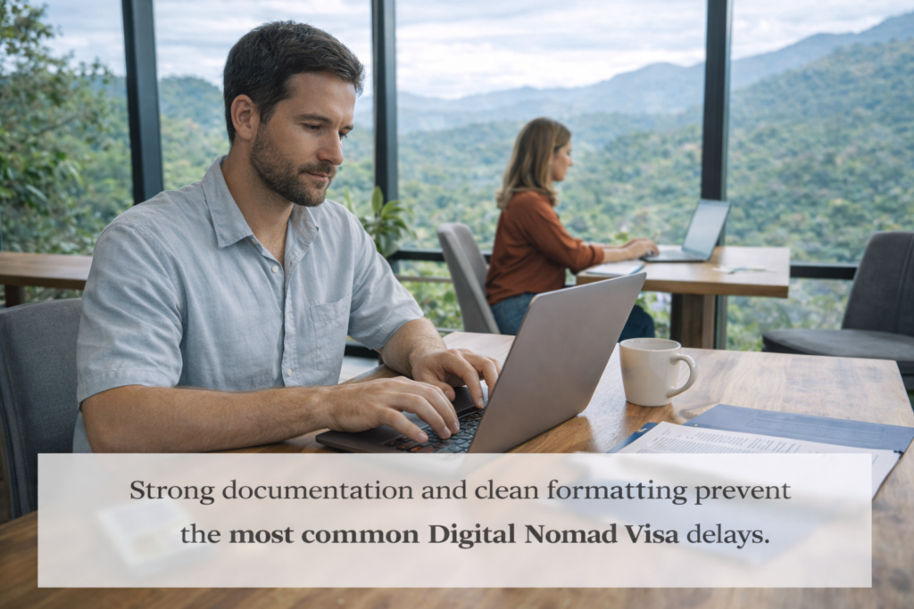 Remote professionals working in a Costa Rica coworking space with mountain views, highlighting the importance of clear documentation and clean formatting.