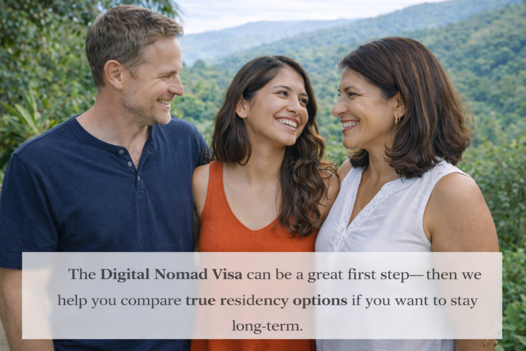 Family of three in a lush Costa Rica setting comparing the Digital Nomad Visa with long-term residency options.