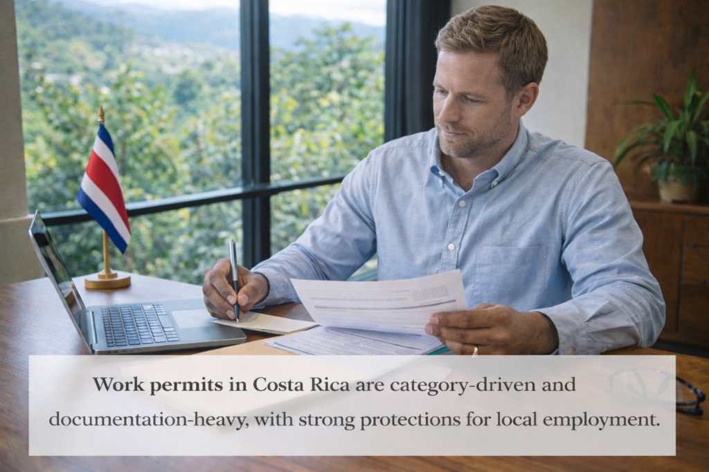 A professional reviewing a Costa Rica work permit document plan at a desk with a laptop and Costa Rican flag.