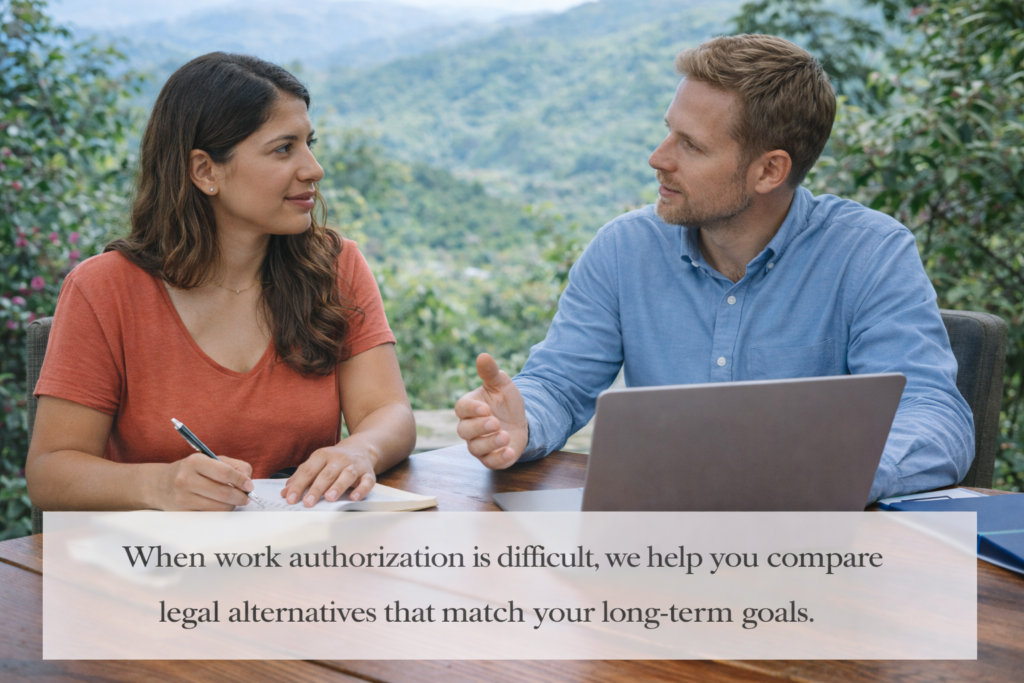 A man and a woman discussing work authorization and residency options in a Costa Rica setting with lush