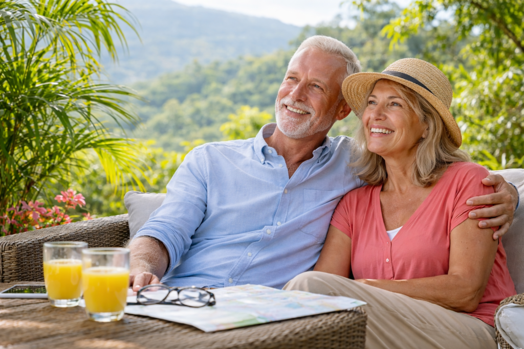 Retired couple relaxing outdoors in Costa Rica, representing the Pensionado residency option for retirees.