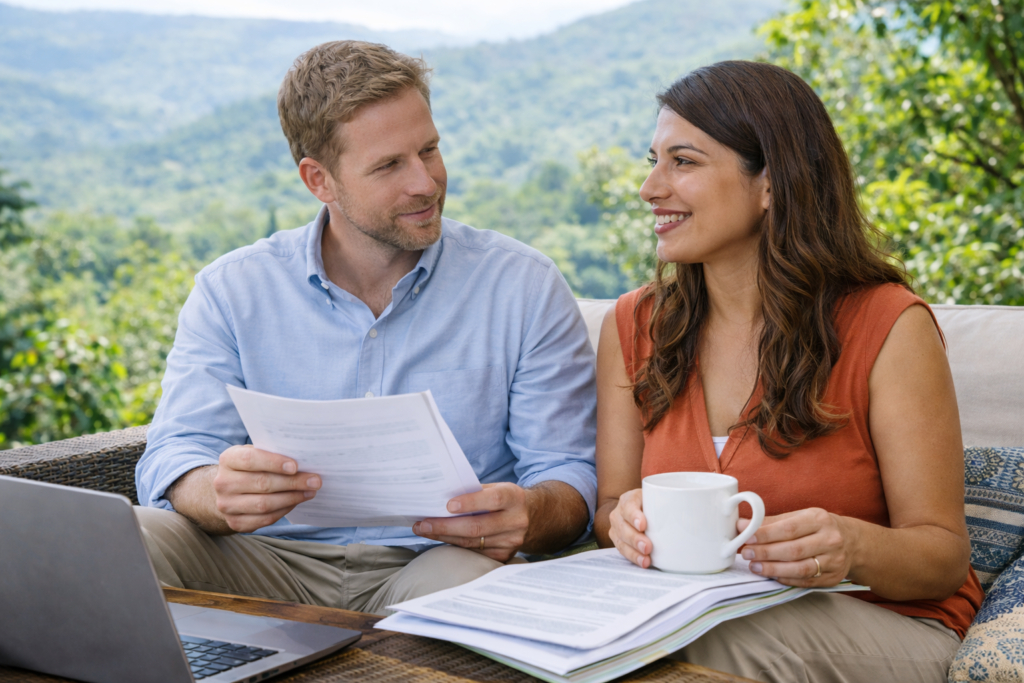 Couple reviewing paperwork in Costa Rica, representing the Rentista residency option for applicants with guaranteed foreign income.
