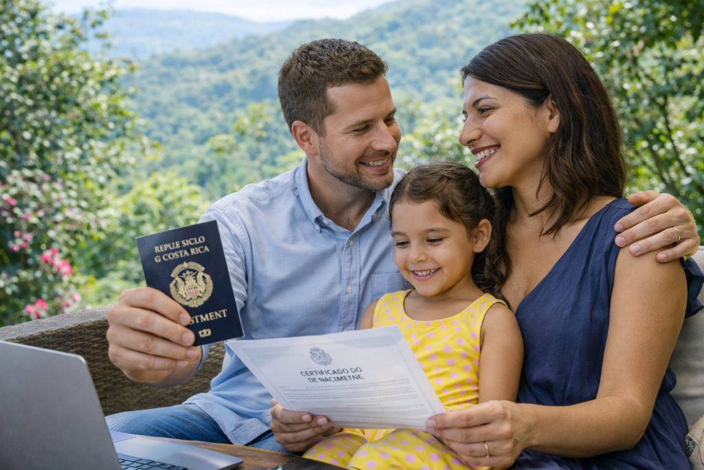 Family in Costa Rica reviewing civil documents, representing residency pathways through qualifying family ties.