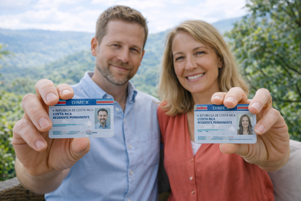 Couple holding Costa Rica DIMEX residency cards in a Costa Rica outdoor setting, representing permanent residency.