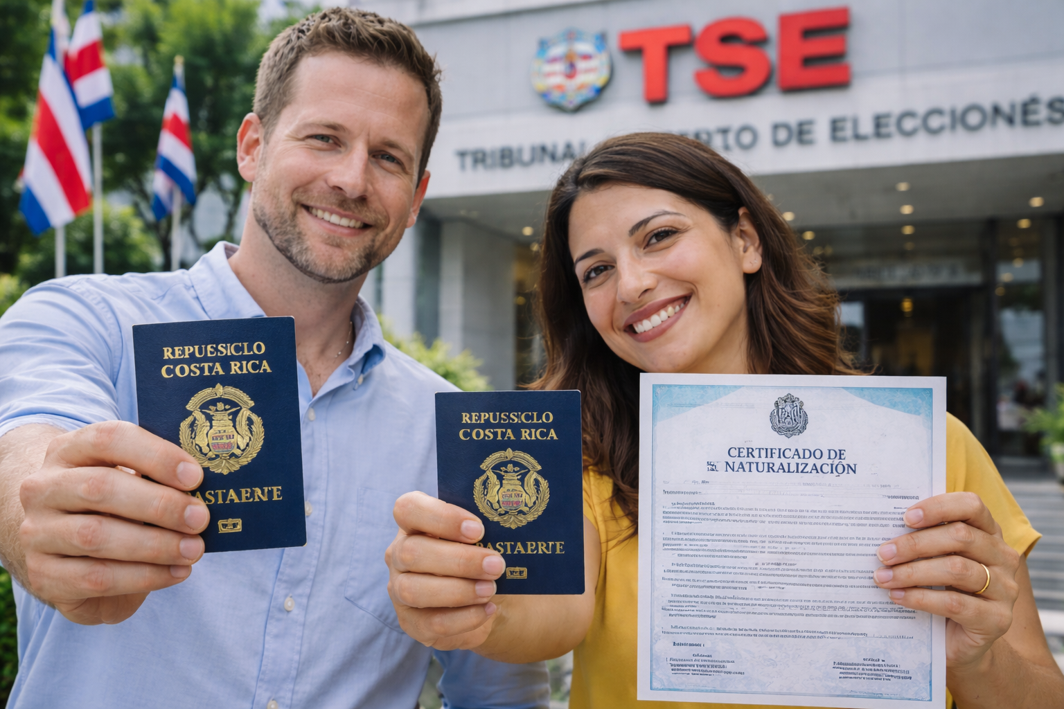 Couple outside Costa Rica’s TSE holding Costa Rican passports and a naturalization certificate