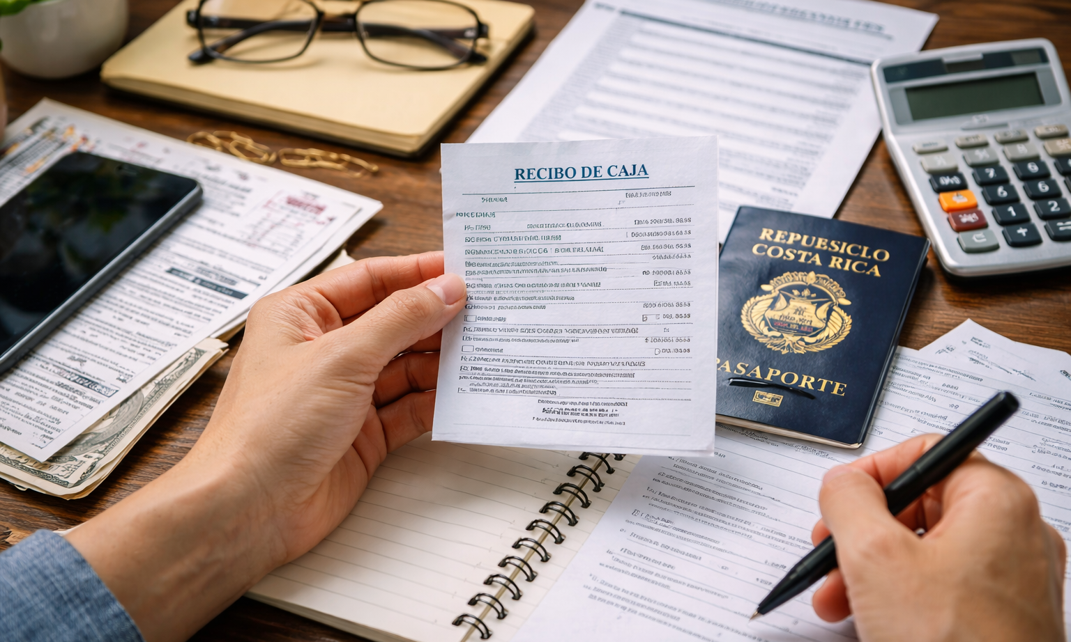 Hands organizing Costa Rica immigration receipts and payment confirmations on a desk.