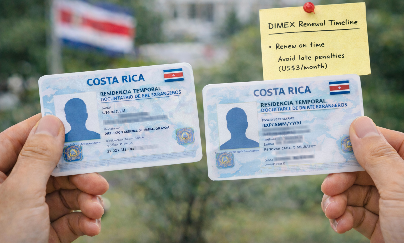Paying Costa Rica immigration fees at a bank counter and receiving an official payment receipt.
