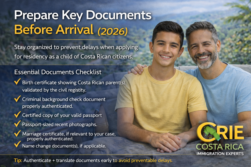 Young adult child of a Costa Rican citizen with parent while reviewing residency document checklist including birth certificate and police clearance