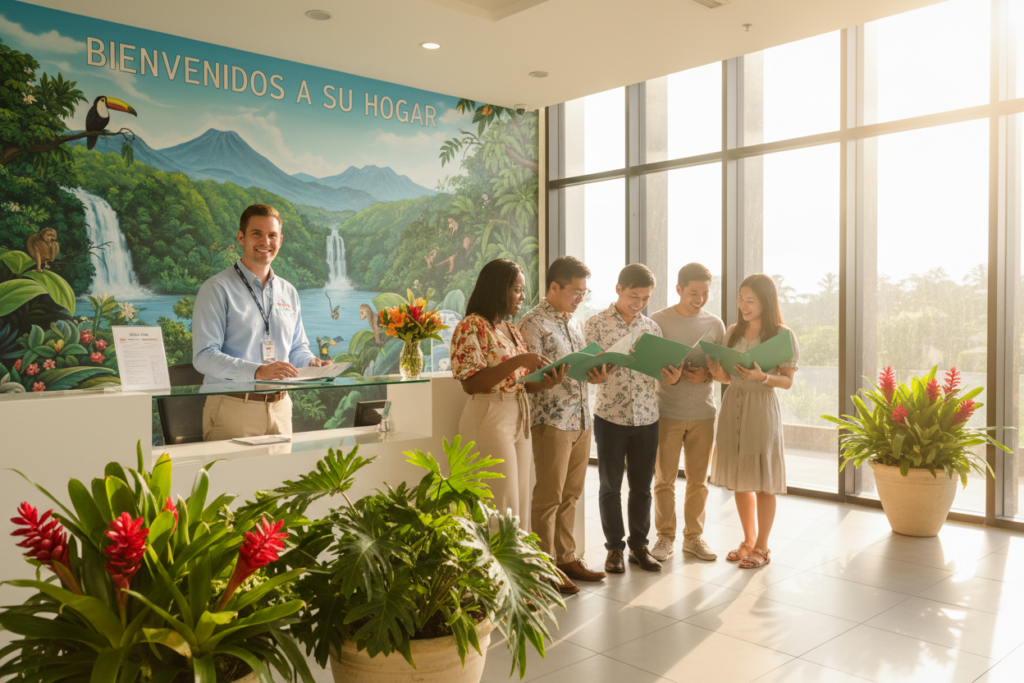 In a serene and welcoming Costa Rican immigration office, a friendly Caucasian staff member of Pura Vida Costa Rica in business casual attire (a light button-down shirt and chinos) stands at a modern reception desk, assisting a diverse group of expatriates discussing visa paperwork. The foreground features colorful potted tropical plants, symbolizing the vibrant nature of Costa Rica. In the middle, the staff member smiles warmly, facilitating a sense of ease and professionalism. Soft, natural sunlight filters through large windows, casting a warm glow on the scene. The background reveals a mural depicting the lush landscapes of Costa Rica, enhancing the atmosphere of hope and new beginnings. The overall mood is positive and inviting, embodying the journey to residency in this beautiful country.