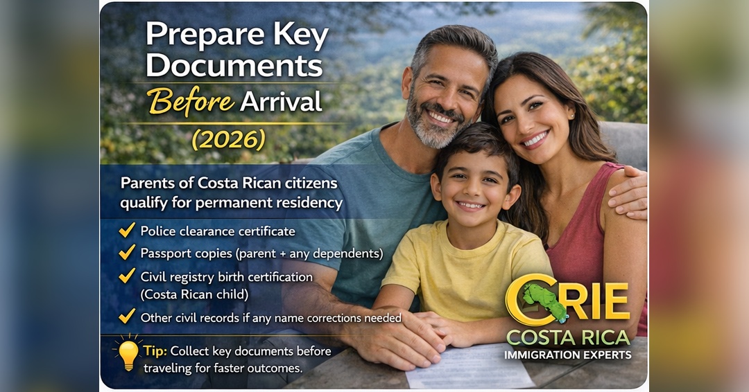Infographic showing key documents to prepare for Residency for Parents in Costa Rica, including police clearance, passport copies, and the Costa Rican child’s civil registry birth certification