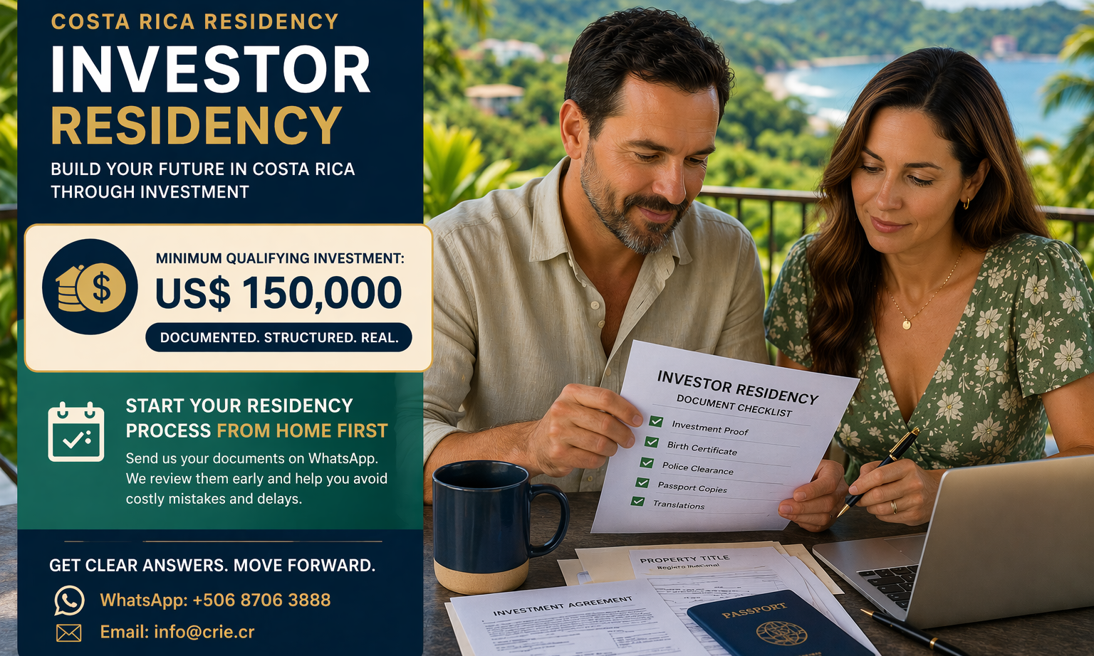 Couple reviewing investor residency documents in Costa Rica with $150000 investment requirement overlay