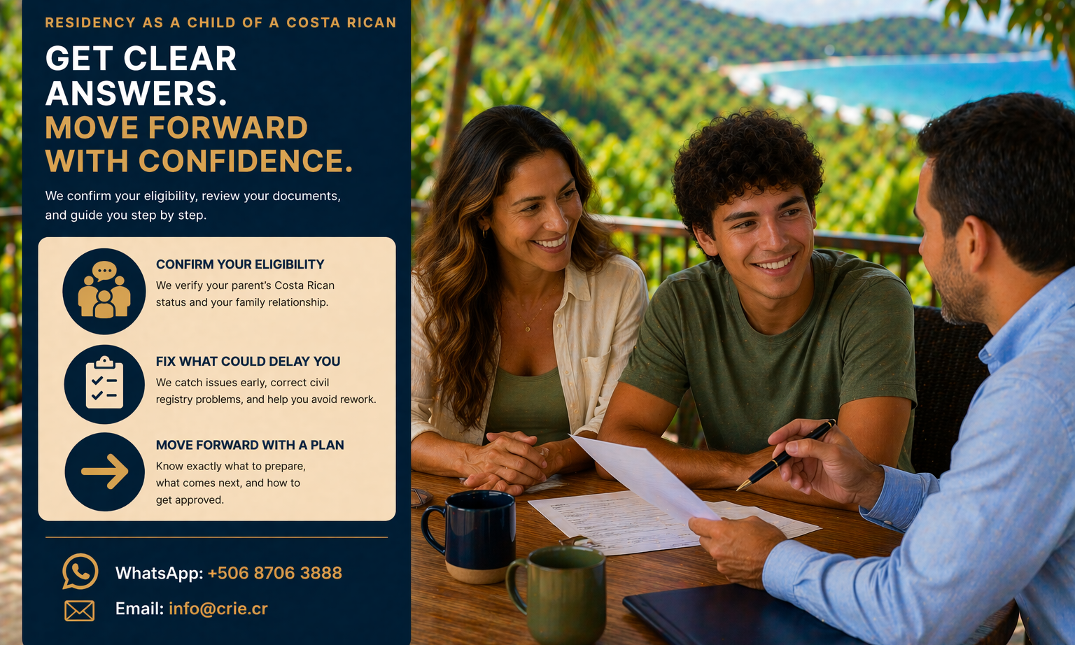 Young adult consulting with advisor about residency application and civil registry records in Costa Rica