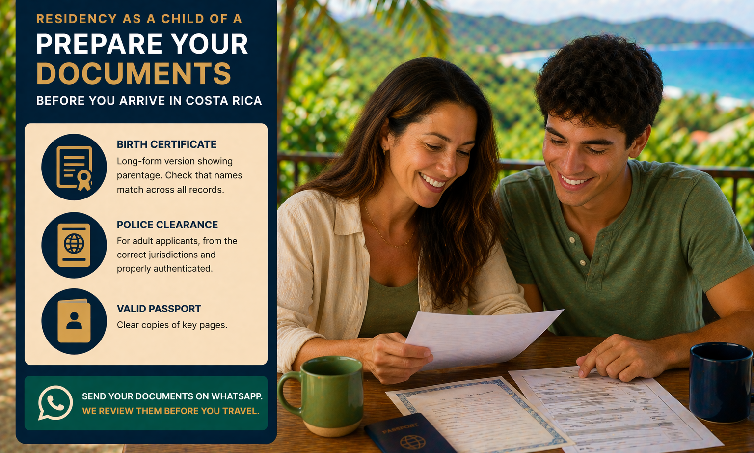 Young adult reviewing birth certificate and residency documents with parent before moving to Costa Rica