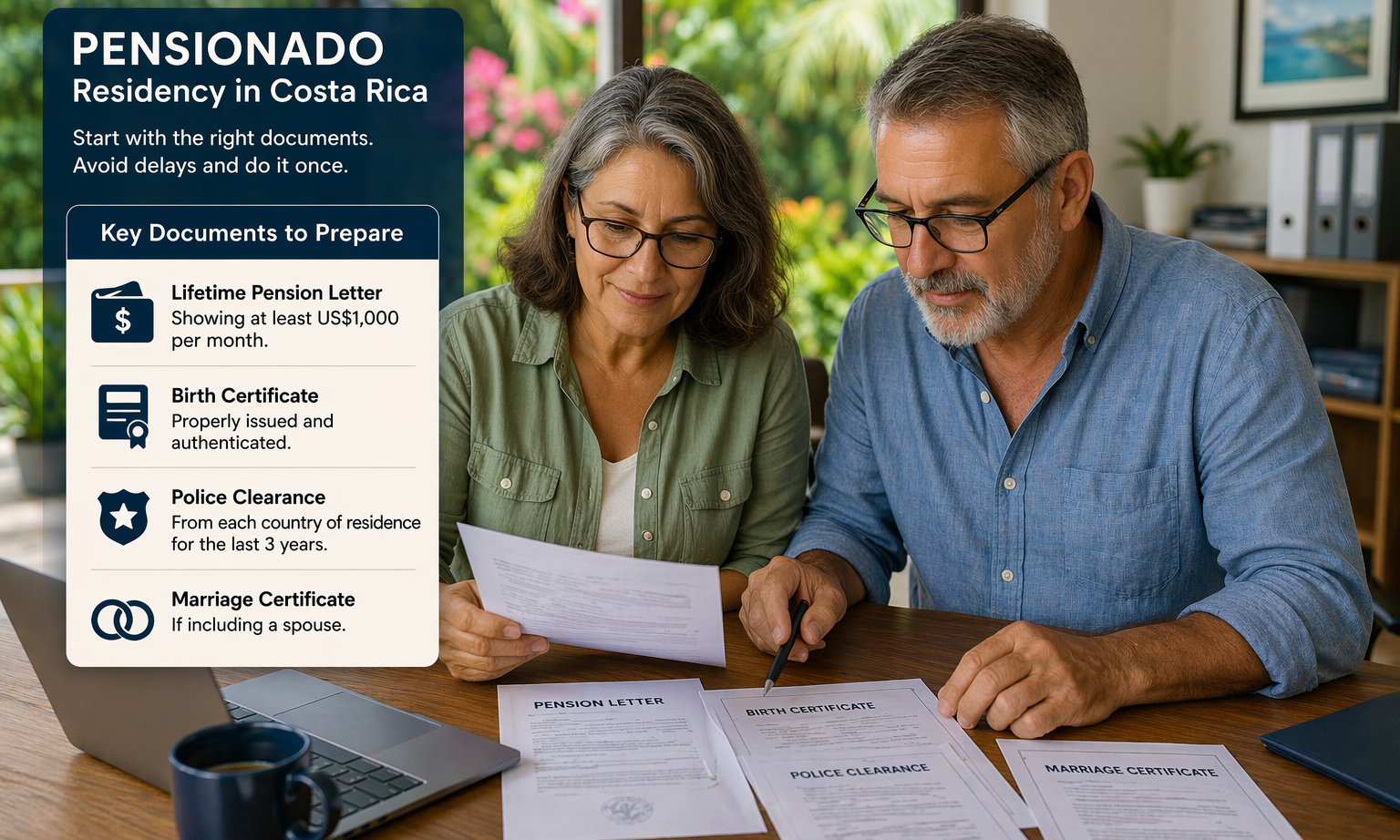 Preparing Pensionado residency documents in Costa Rica including pension proof birth certificate and police record