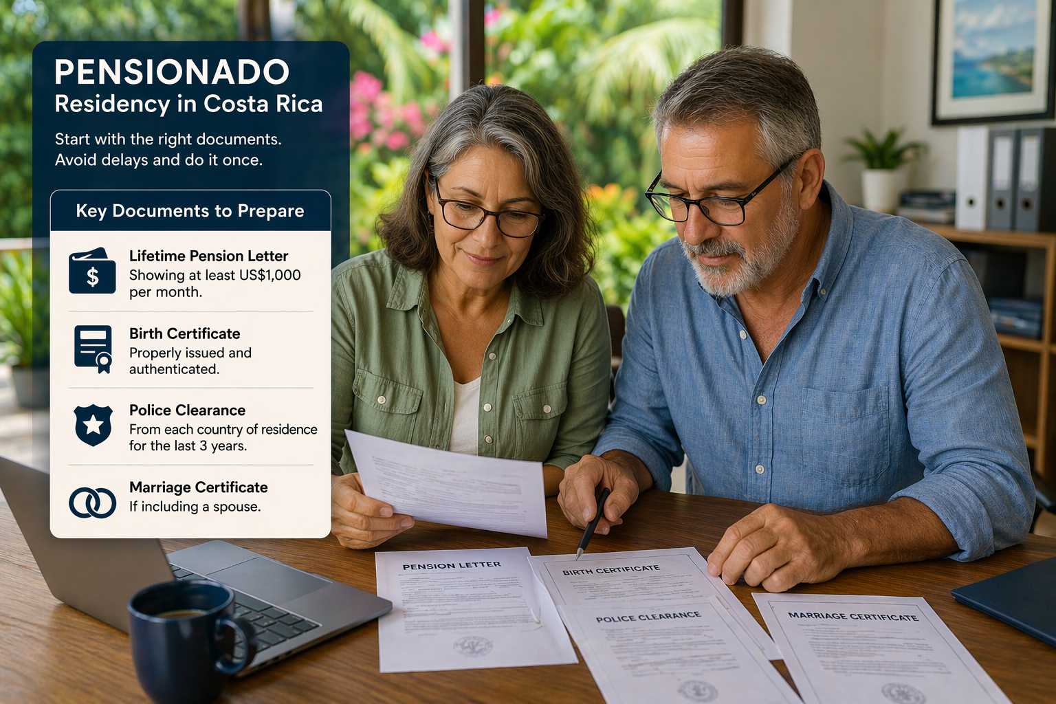A pension award letter and supporting documents prepared for a Costa Rica residency application