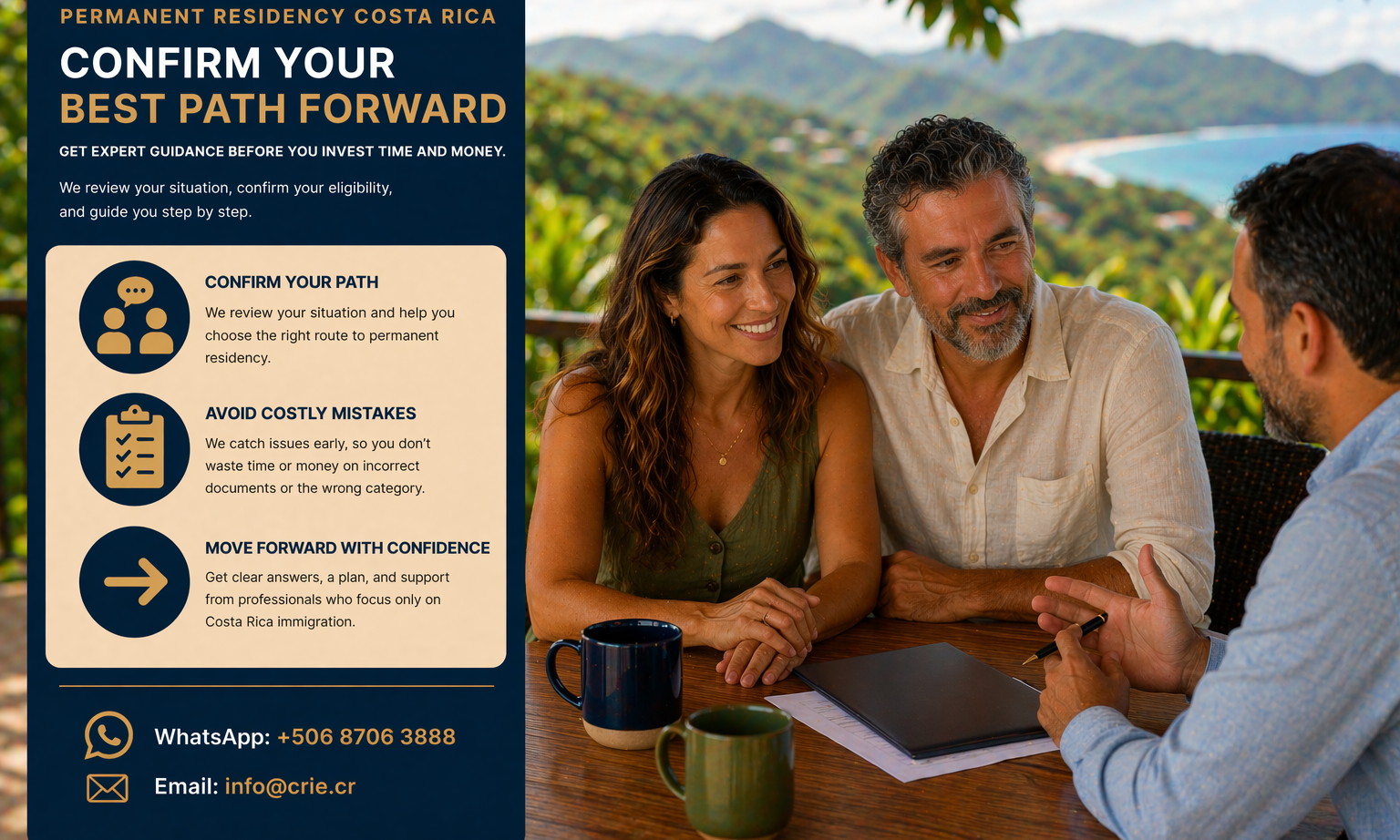 Couple reviewing permanent residency documents before moving to Costa Rica