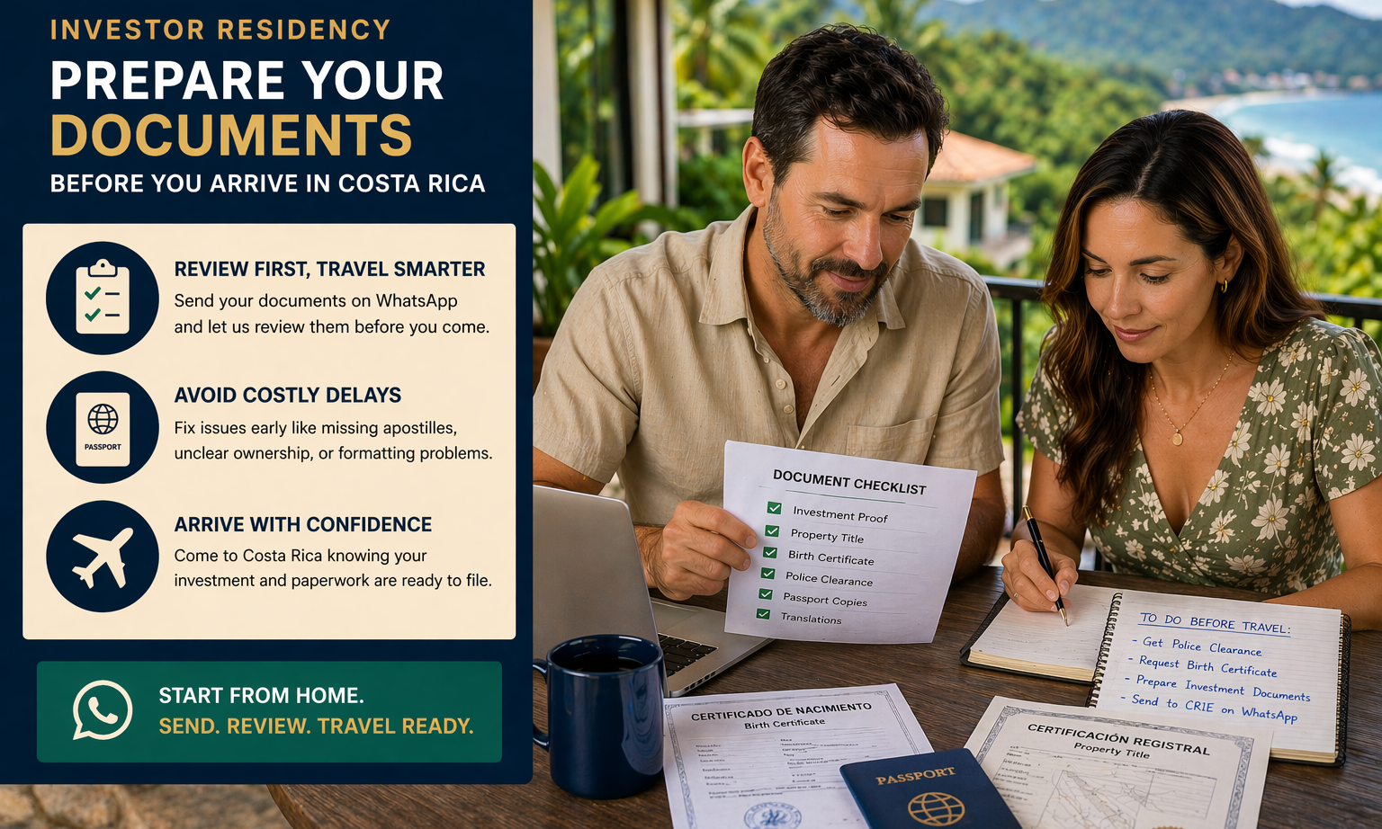 Couple preparing investor residency documents before arriving in Costa Rica including investment proof and civil documents