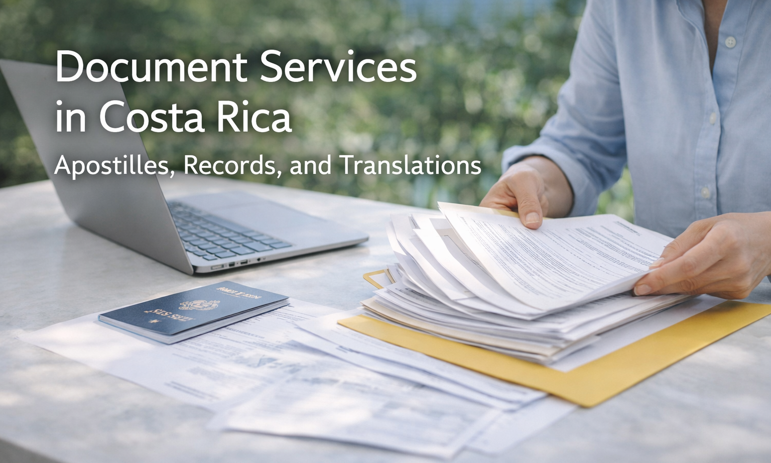 document services in Costa Rica reviewing legal documents and records at a clean workspace