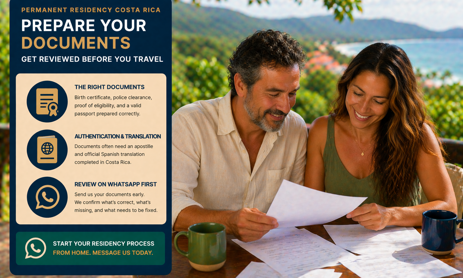 Couple overlooking Costa Rica landscape representing long term permanent residency lifestyle