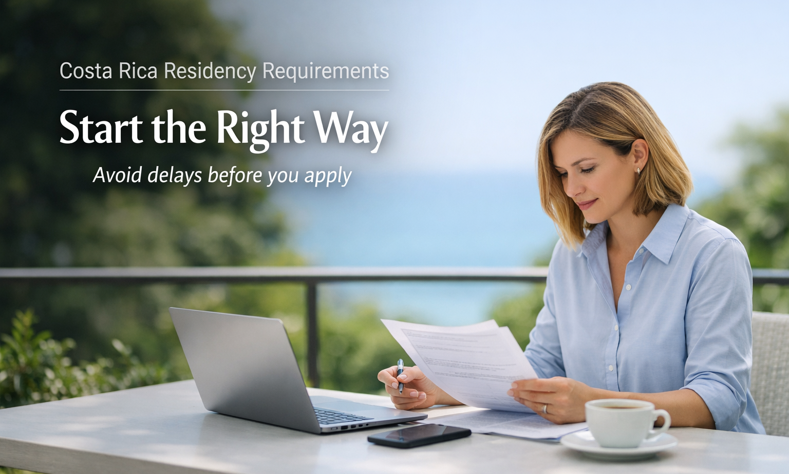 Costa Rica residency requirements professional reviewing documents on a laptop in a calm tropical setting