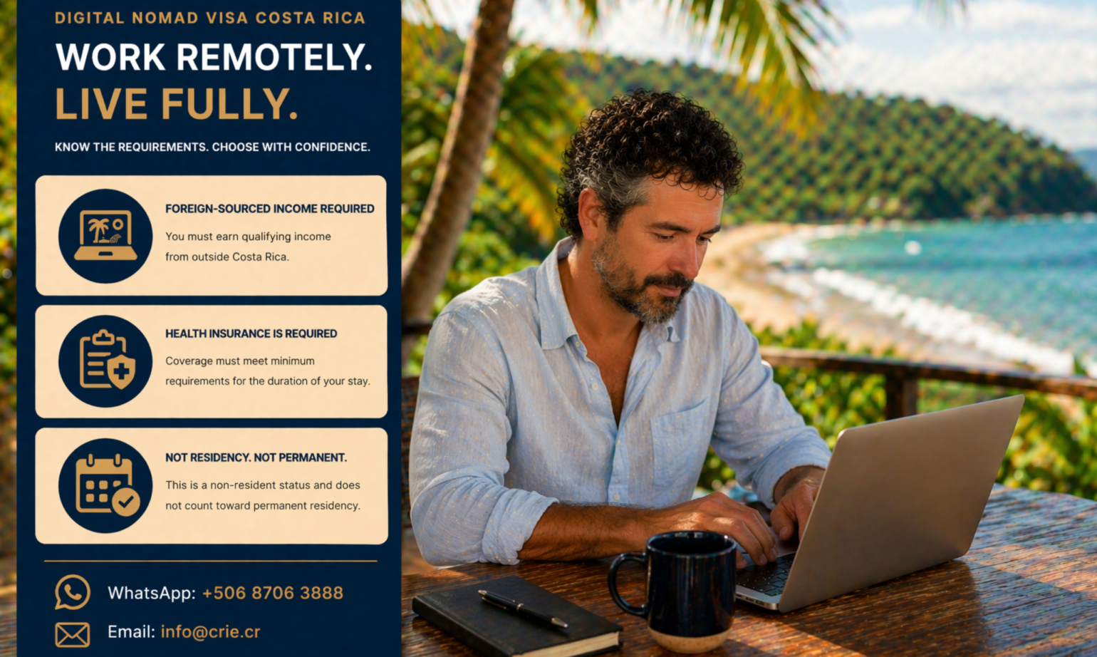 Man working remotely on laptop by the beach in Costa Rica representing digital nomad lifestyle