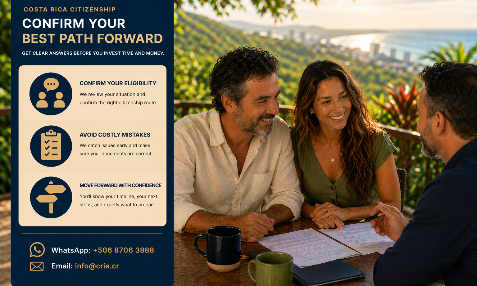 Couple consulting with advisor about Costa Rica citizenship process and eligibility