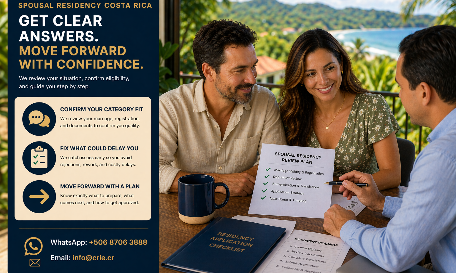 Couple preparing marriage and residency documents before moving to Costa Rica