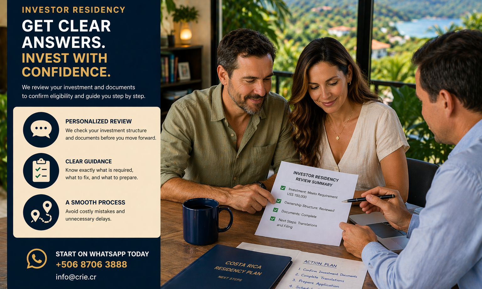 Couple consulting with advisor about investor residency investment structure and documentation in Costa Rica