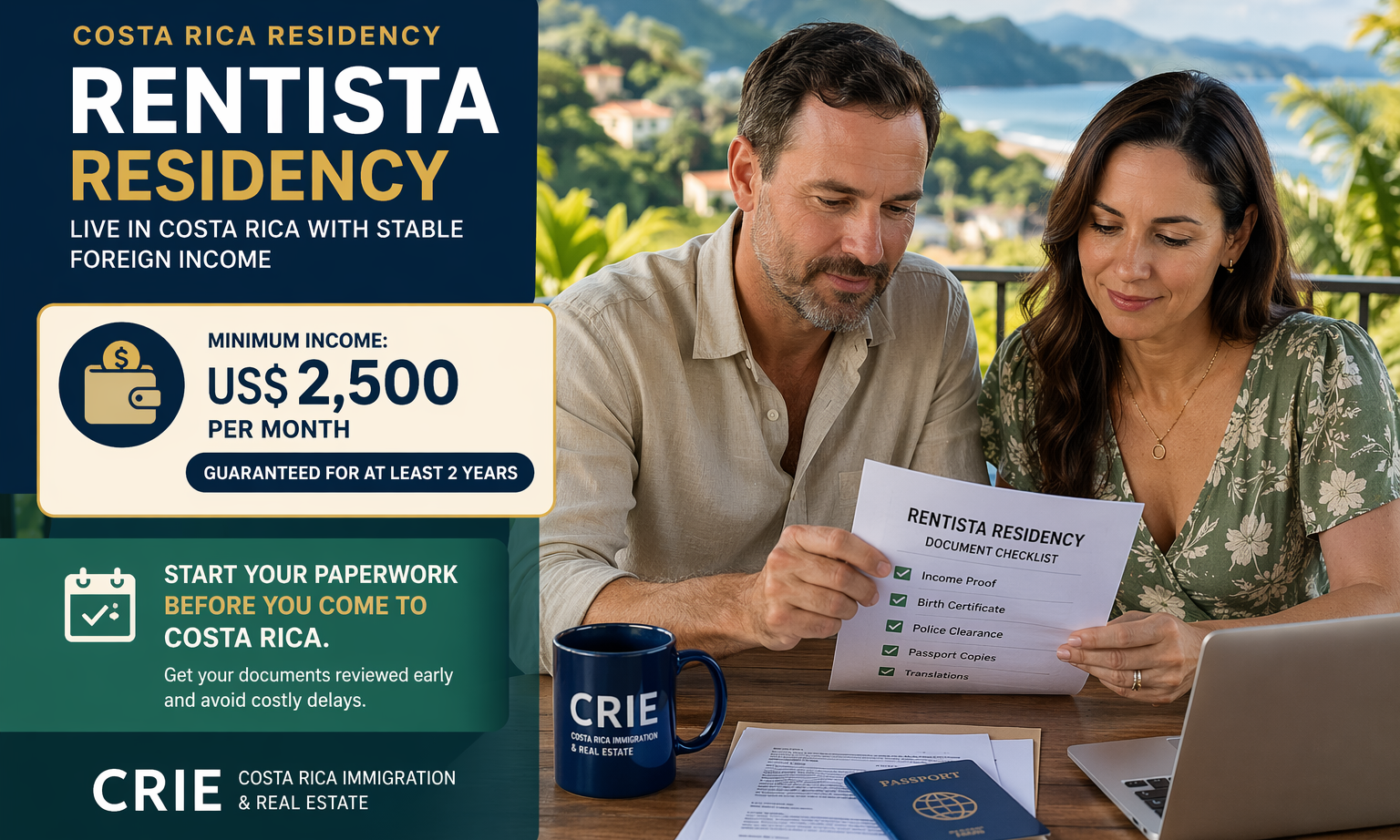 Couple reviewing rentista residency documents in Costa Rica with income requirement overlay