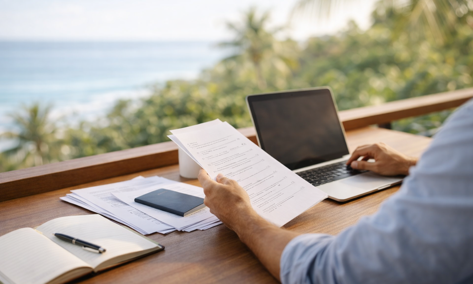 Person reviewing immigration documents and working on a laptop in a tropical Costa Rica setting