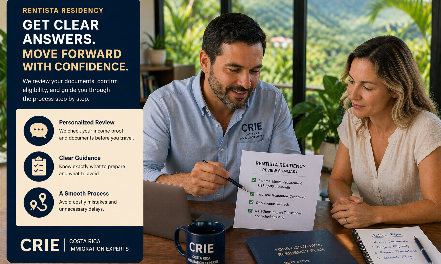Couple consulting with advisor about rentista residency documents and next steps in Costa Rica