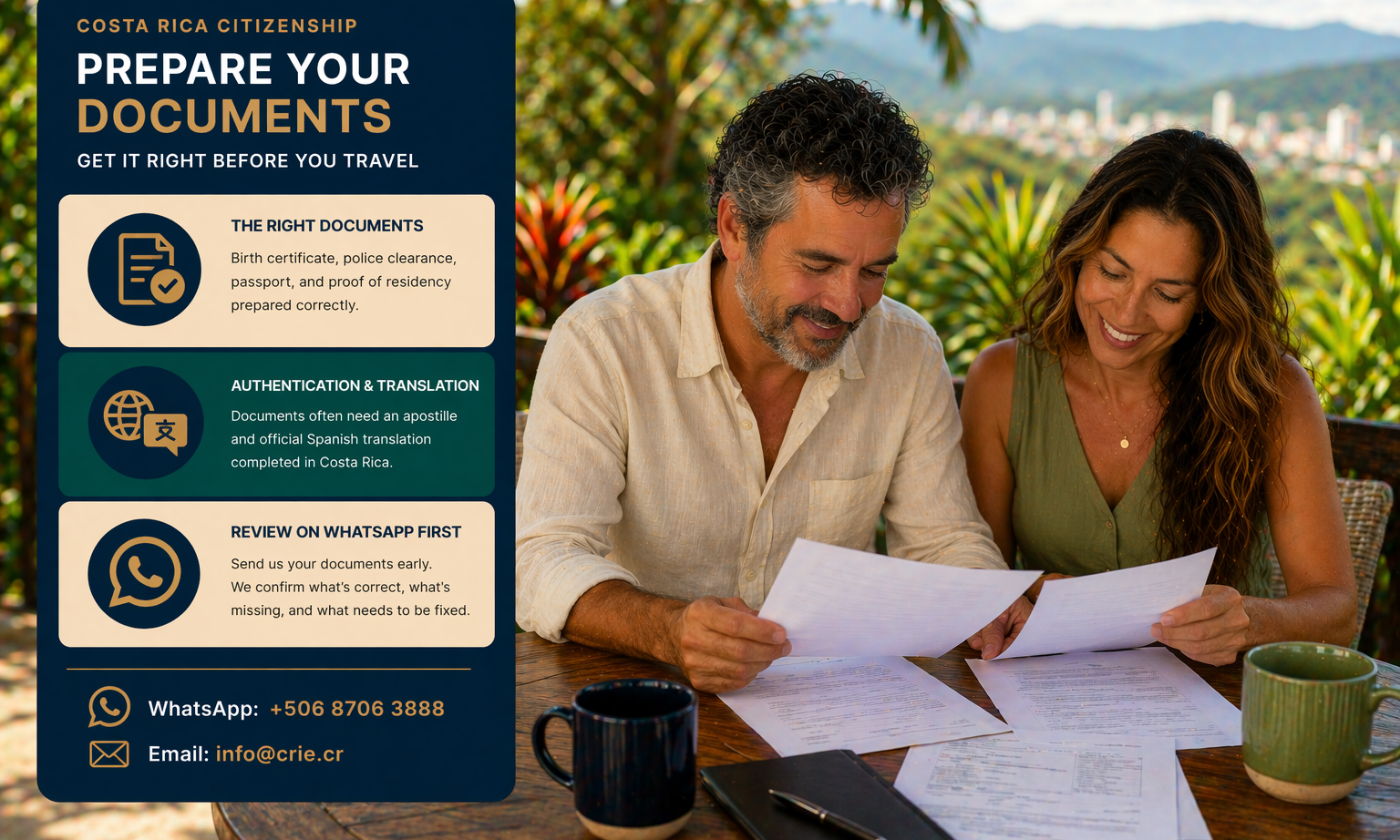 Couple reviewing citizenship documents before traveling to Costa Rica