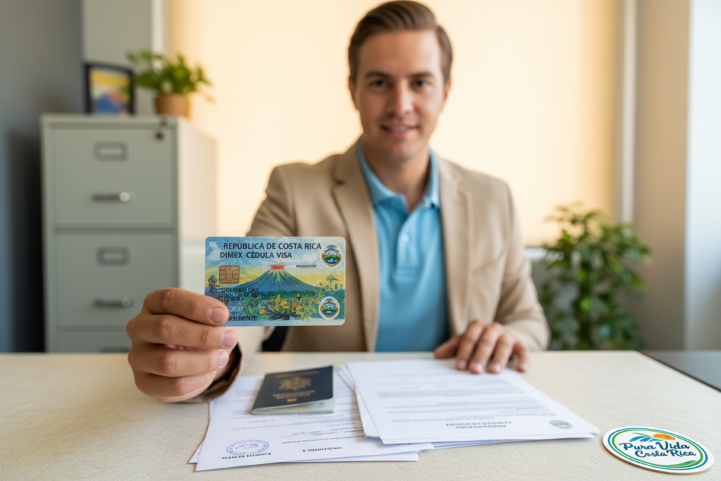 A DIMEX card cédula visa from Costa Rica prominently displayed in the foreground, showcasing its colorful and intricate design featuring national symbols. A professional Caucasian staff member in business casual attire, such as a polo shirt or a button-down shirt, holds the card with a focused expression, emphasizing the importance of accurate documentation. In the middle ground, a clear desktop with a soft, neutral-colored surface is visible, highlighting other official documents spread out, symbolizing the immigration process. The background depicts a blurred office environment with soft, warm lighting, creating a welcoming atmosphere. The brand "Pura Vida Costa Rica" subtly incorporated into the image design, enhancing the local context. The image aims to evoke a sense of professionalism and importance in handling legal documents. A DIMEX card cédula visa from Costa Rica prominently displayed in the foreground, showcasing its colorful and intricate design featuring national symbols. A professional Caucasian staff member in business casual attire, such as a polo shirt or a button-down shirt, holds the card with a focused expression, emphasizing the importance of accurate documentation. In the middle ground, a clear desktop with a soft, neutral-colored surface is visible, highlighting other official documents spread out, symbolizing the immigration process. The background depicts a blurred office environment with soft, warm lighting, creating a welcoming atmosphere. The brand "Pura Vida Costa Rica" subtly incorporated into the image design, enhancing the local context. The image aims to evoke a sense of professionalism and importance in handling legal documents.