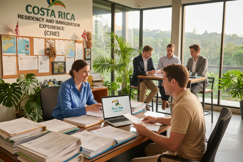 A busy office setting representing the Costa Rica residency authority (CRIE), focusing on a professional interaction among Caucasian staff dressed in business casual attire, such as button-down shirts and polos. In the foreground, a smiling staff member is engaged in conversation with a client, both seated at a modern desk cluttered with paperwork and a laptop displaying the logo "Pura Vida Costa Rica." The middle of the image shows a glimpse of other employees collaborating, surrounded by plants and natural light pouring in through large windows. The background features a bulletin board with residency information and Costa Rican cultural elements. The mood is welcoming and informative, emphasizing professionalism and support in residency processing. Soft, warm lighting enhances the inviting atmosphere.