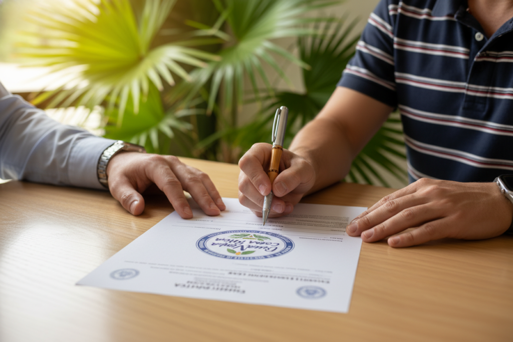 A close-up view of a Costa Rican residency visa application on a wooden desk, featuring a prominently displayed "Pura Vida Costa Rica" brand logo. In the foreground, an elegant pen rests beside the application, symbolizing the process of applying for residency. The middle ground includes a pair of hands, dressed in casual business attire—button-down shirts and polo shirts—carefully filling out the application. In the background, tropical plants softly frame the scene, bringing a touch of Costa Rican flora. Warm, natural lighting filters in from a nearby window, adding a vibrant and welcoming atmosphere. The overall mood is focused and professional, reflecting the serious yet hopeful journey towards residency in Costa Rica for digital nomads.