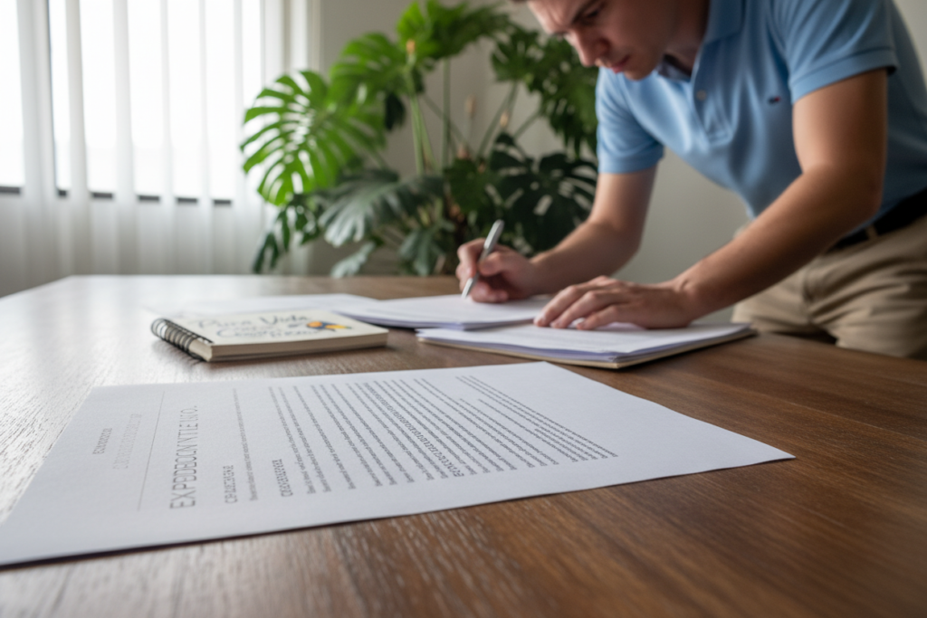A close-up view of an official Costa Rican residency document featuring an outline of a detailed expediente number, positioned prominently. In the foreground, the document lies on a wooden desk, illuminated by soft natural light from a nearby window, creating a warm and welcoming atmosphere. Beside the document, a Caucasian staff member dressed in business casual attire, such as a light polo shirt and khaki pants, is thoughtfully reviewing paperwork. In the middle background, a blurred tropical plant adds a touch of Costa Rican flair. The mood is one of professionalism and clarity, emphasizing the importance of understanding the expediente number for immigration processes. The brand name "Pura Vida Costa Rica" is subtly incorporated into the scene, perhaps printed on a small notebook visible on the desk.