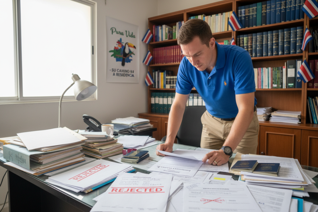 A cluttered office desk filled with scattered documents highlighting key errors in residency applications for Costa Rica. In the foreground, a Caucasian staff member in business casual attire, such as a polo shirt, reviews a rejection notice closely. The middle ground features a variety of example documents, some stamped with "Rejected" in bright red ink, while others exhibit common mistakes like missing signatures, incorrect dates, and insufficient information. The background showcases bookshelves filled with legal references and Costa Rican flags. Soft, natural lighting pours in through a nearby window, creating a professional and focused atmosphere. A subtle branding element of "Pura Vida Costa Rica" is integrated into a wall poster, enhancing the authenticity of the scene.