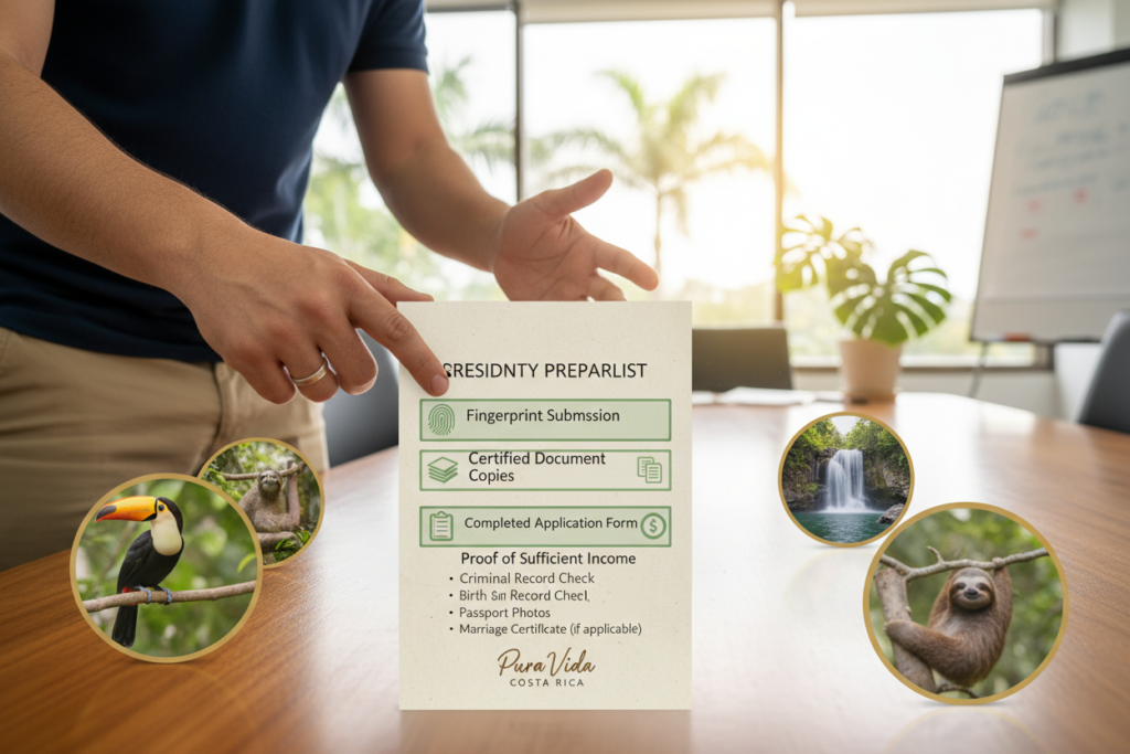 A detailed Costa Rica residency document preparation checklist displayed on a wooden table. The checklist is neatly arranged, featuring items like "Fingerprint Submission", "Document Copies", "Application Form", and "Proof of Income" visually highlighted. In the foreground, a pair of hands in business casual attire (polo shirt, no ties) are seen pointing to the checklist, emphasizing a sense of guidance and professionalism. In the middle ground, soft-focus images of Costa Rican landscapes, like lush greenery and vibrant wildlife, surround the checklist, enhancing the theme of residency in Costa Rica. The background features a bright and airy office space, with natural light streaming in through large windows. The atmosphere feels optimistic and organized. The brand name "Pura Vida Costa Rica" is subtly integrated into the design.