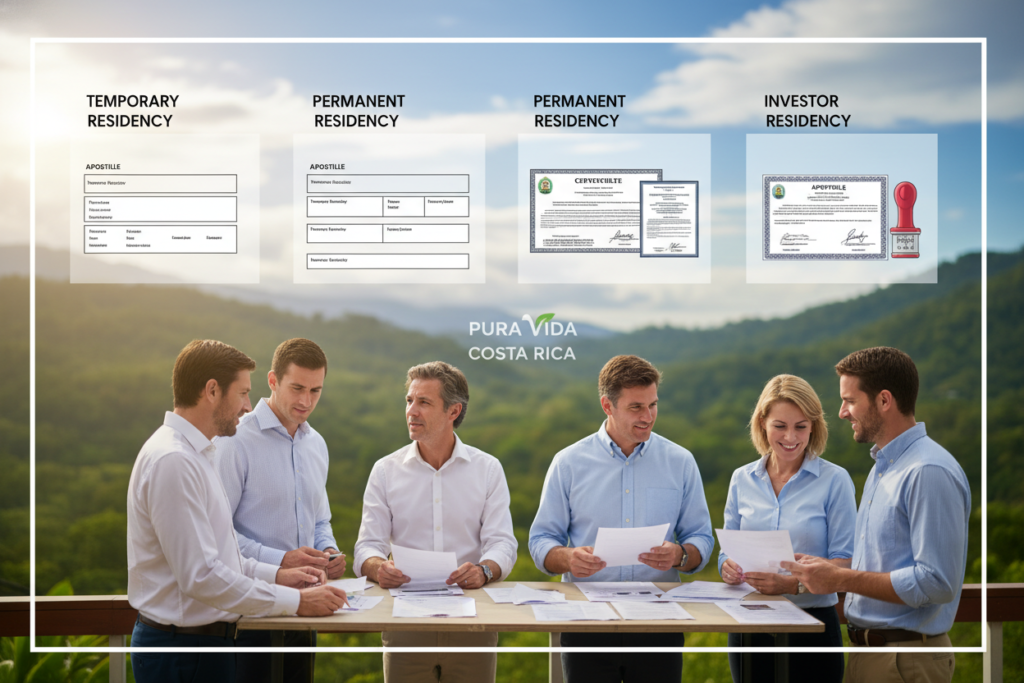 A detailed and informative illustration depicting Costa Rica residency categories and apostille requirements. In the foreground, a small group of diverse Caucasian professionals, dressed in business casual attire (polo shirts and button-downs), are engaged in a discussion, examining documents related to residency. In the middle ground, a visually appealing table displays labeled categories of residency, such as "Temporary Residency," "Permanent Residency," and "Investor Residency," alongside visual representations of apostille documents. The background features a subtle, sunlit view of tropical Costa Rican scenery, with lush greenery and a hint of the vibrant sky. Soft, natural lighting bathes the scene, creating an inviting and professional atmosphere. Include the brand name "Pura Vida Costa Rica" subtly incorporated into the design, ensuring it complements the overall composition without distraction.